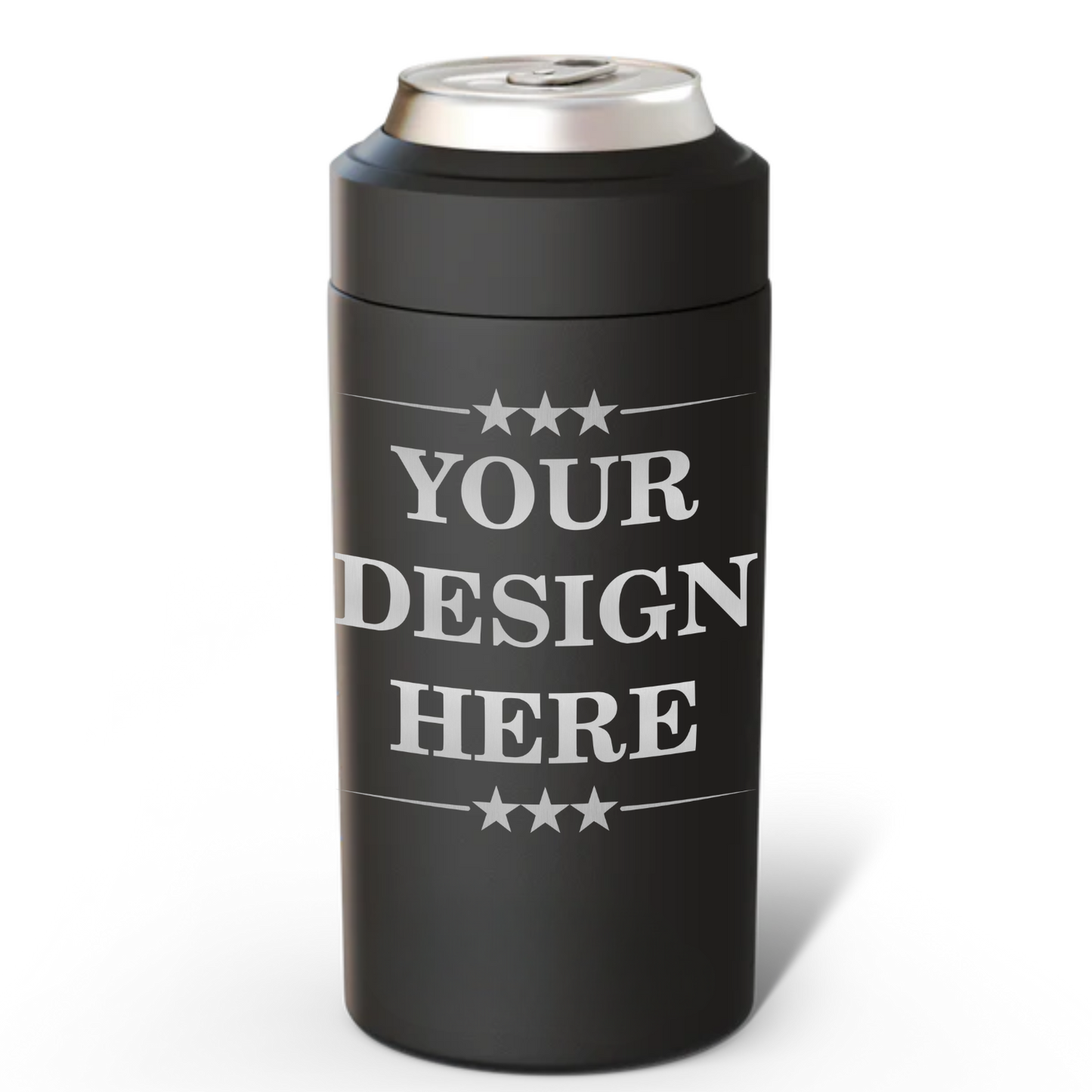 Black can cooler with 'Your Design Here' text on a white background