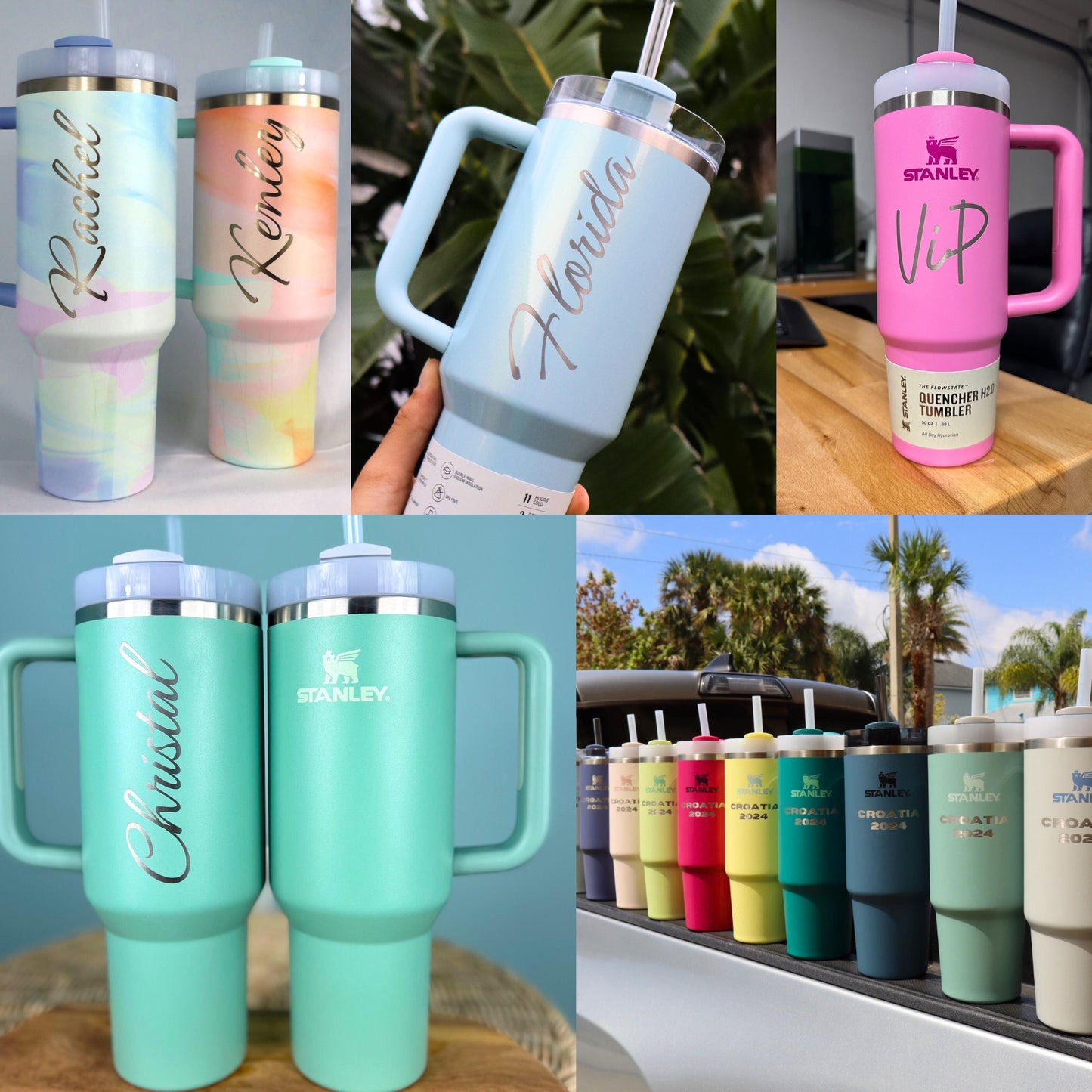 Collage of customized Stanley Quencher tumblers in various colors and designs. The images showcase engraved names and text in elegant script, including 'Rachel,' 'Kenley,' 'Florida,' 'VIP,' and 'Christal.' The tumblers feature a variety of colors such as pastel watercolor, light blue, pink, mint green, and a lineup of multiple shades. Displayed in different settings, including outdoor and indoor environments, these tumblers highlight personalization option
