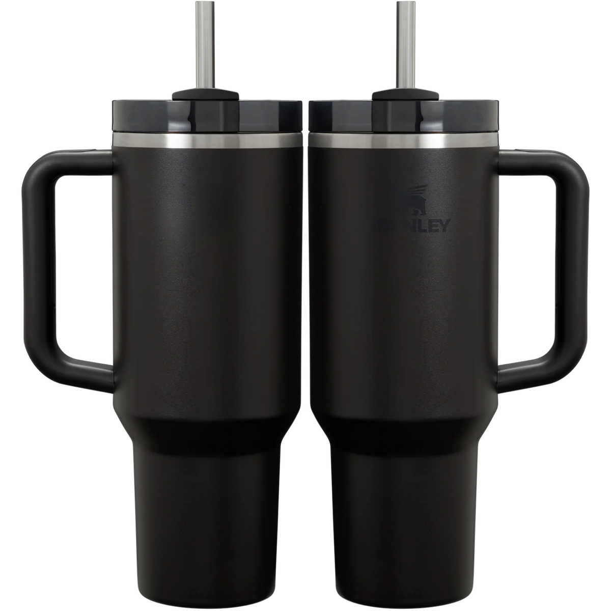 Stanley 40 oz Black tumbler, front and back views