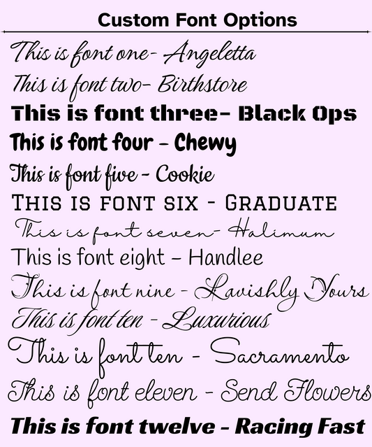 Engraving font chart showing the typed faces, from block styles like Graduate and Black Ops to scripts like Sacramento and Angeletta