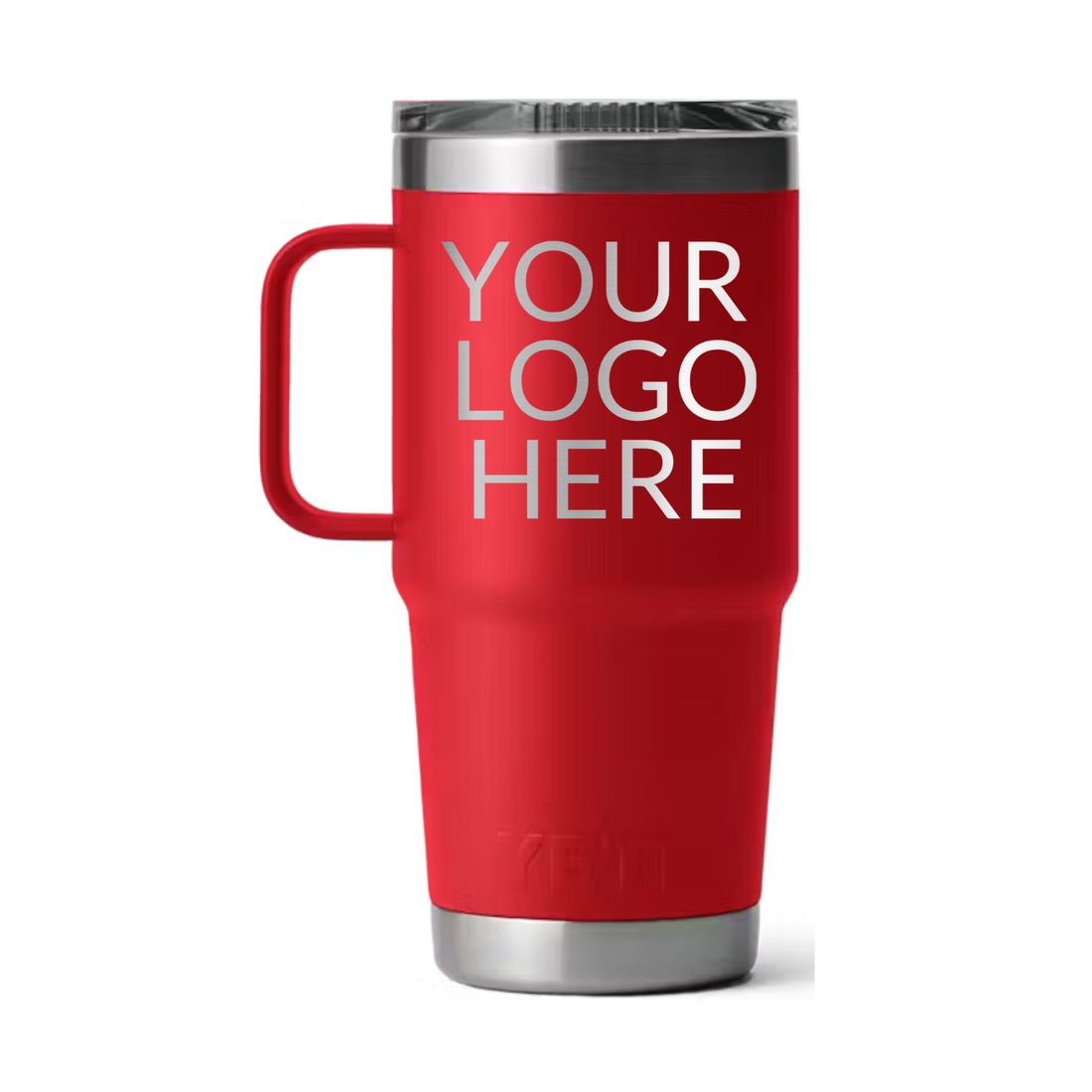 Red YETI travel mug with a clear slider lid, engraved with a placeholder logo