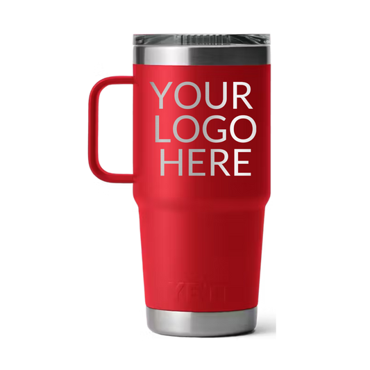 Red YETI travel mug with a clear slider lid, engraved with a placeholder logo