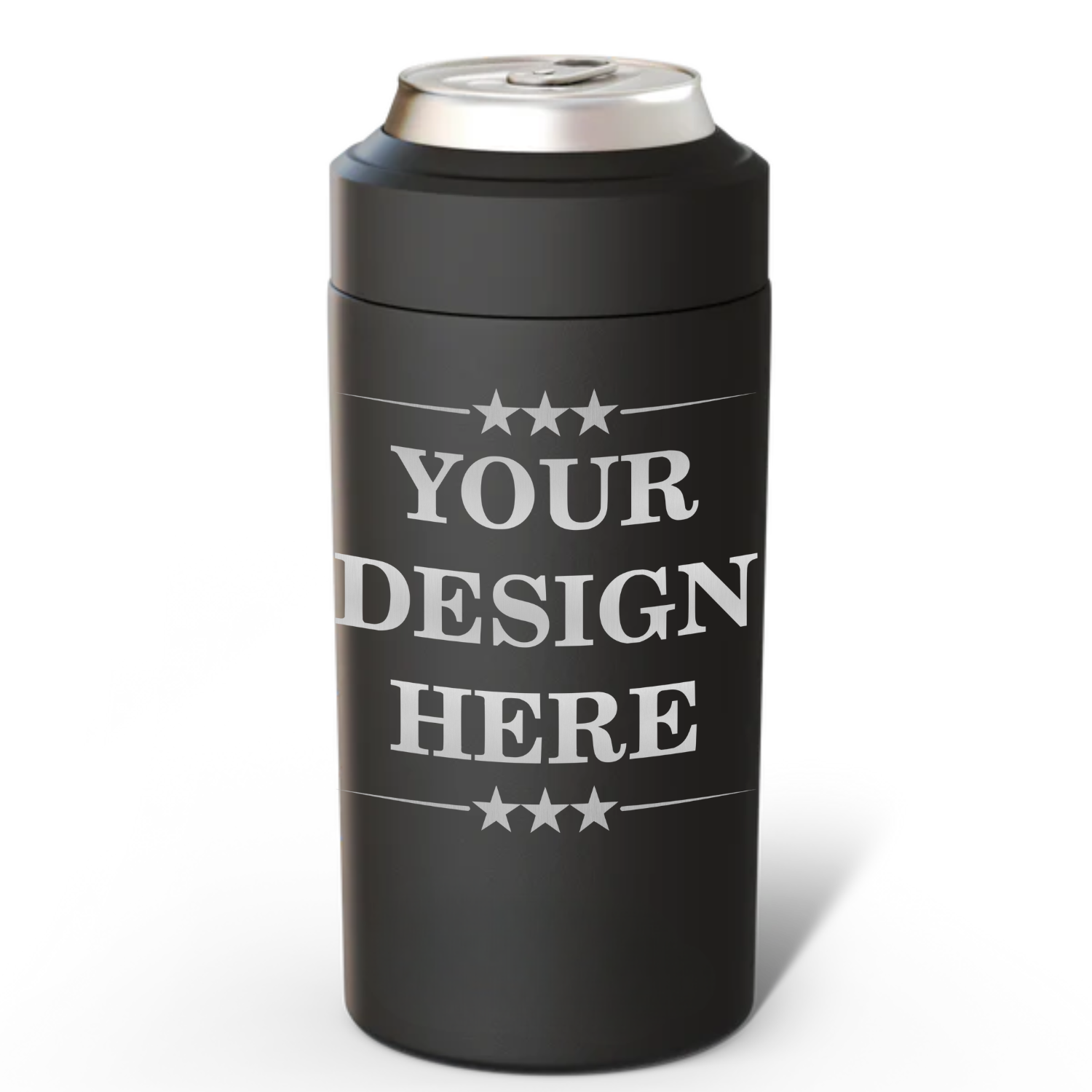 Black can cooler with 'Your Design Here' text on a white background