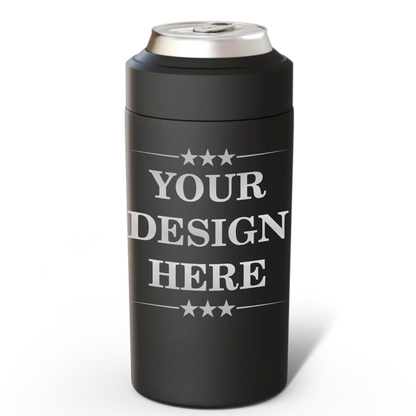 Black can cooler with 'Your Design Here' text on a white background
