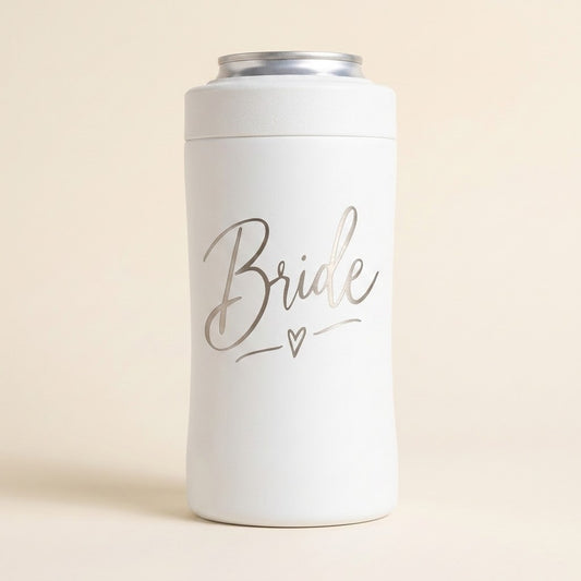 White BRR Ware 3-in-1 can cooler with satin silver Bride design on a clean ivory background. Digital engraving example created with Google Product Studio.