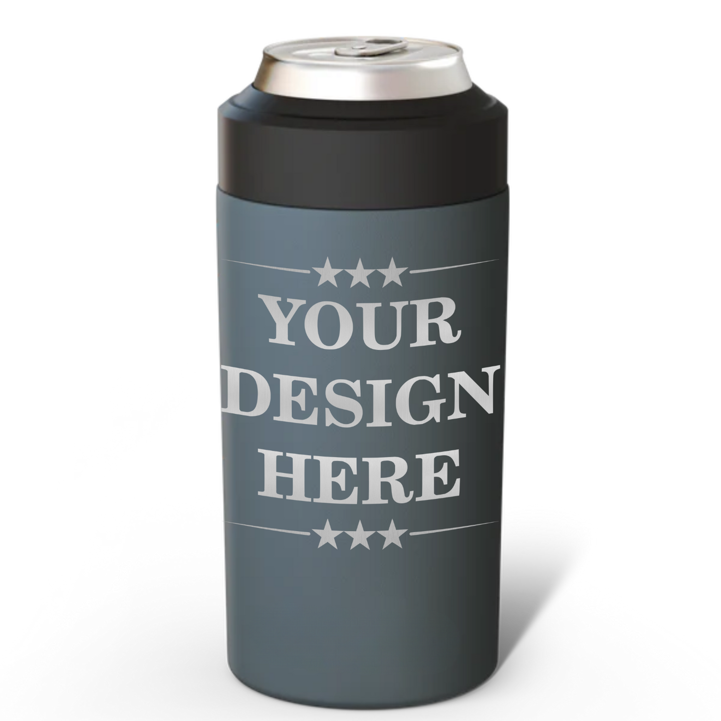Charcoal can cooler with 'Your Design Here' text on a white background