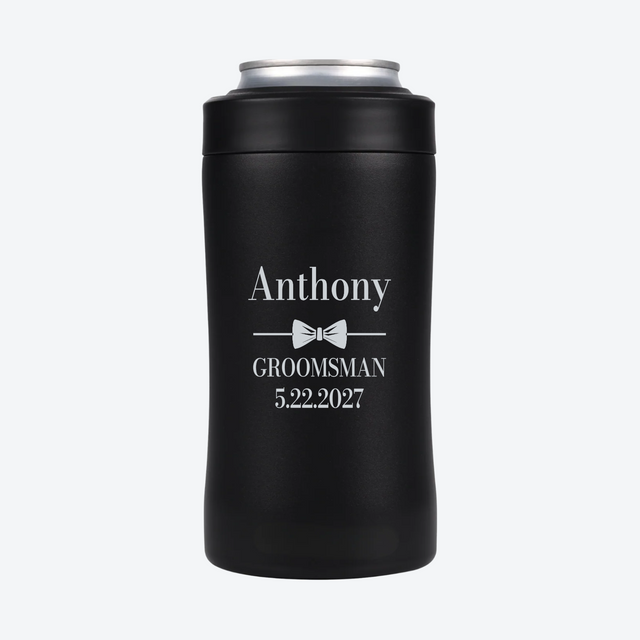 Bow tie personalized groomsmen can cooler with silver engraving