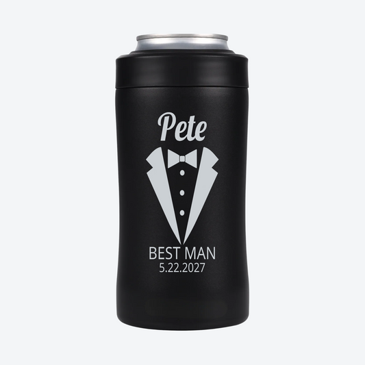 Digital engraving example: Pete, tuxedo, BEST MAN and 5.22.2027 on the back of a black BRRWare can cooler.
