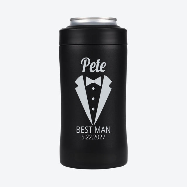 Tuxedo personalized groomsmen can cooler with silver engraving