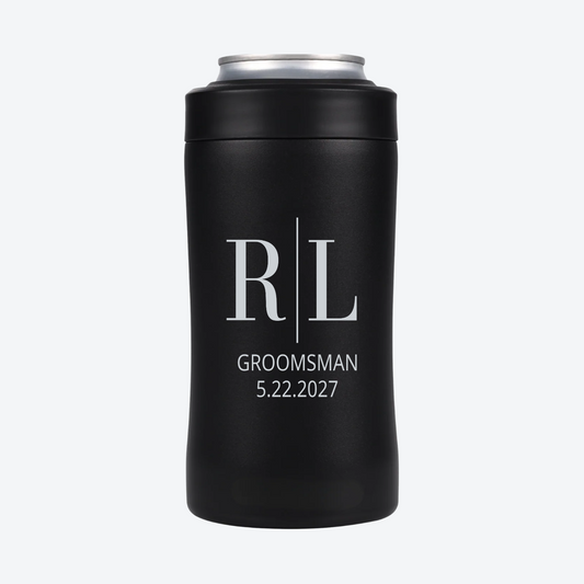 Digital engraving example: Divided Initials design, RL, Groomsman and 5.22.2027 in silver on the back of a Black BRRWare can cooler.