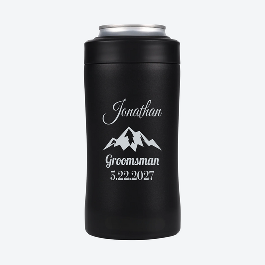 Digital engraving example: Mountain design, Jonathan, Groomsman and 5.22.2027 in silver on the back of a Black BRRWare can cooler.