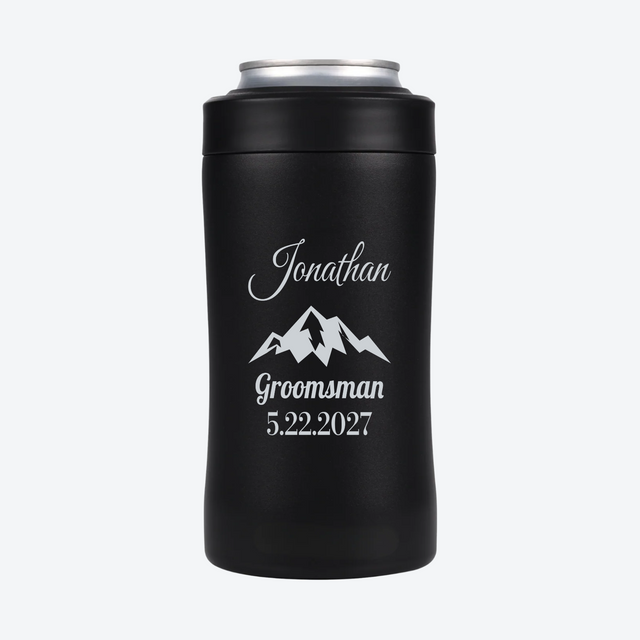 Mountain personalized groomsmen can cooler with silver engraving