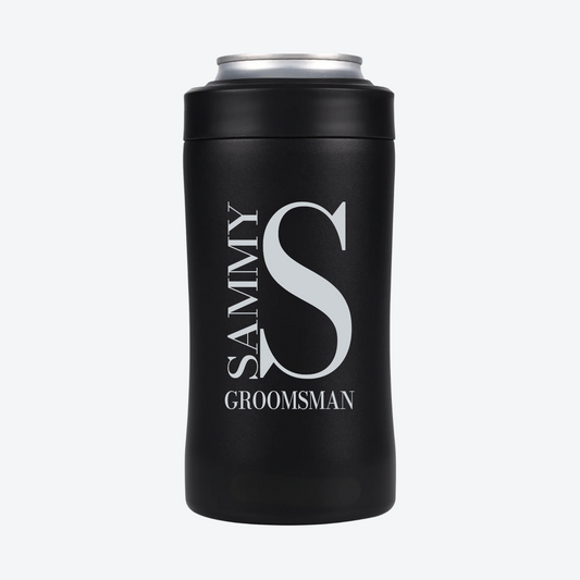 Digital mockup of a Black BRRWare 3-in-1 can cooler with silver side monogram engraving on the back: SAMMY, initial S, Groomsman.