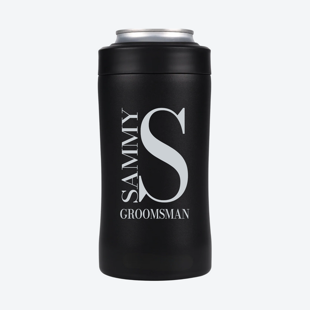 Side monogram personalized groomsmen can cooler with silver engraving