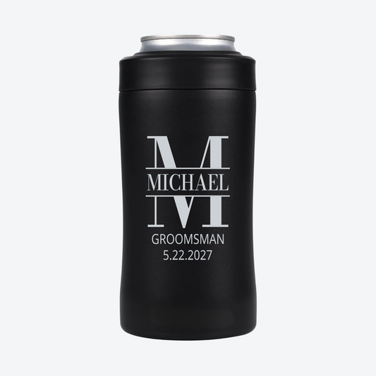 Digital mockup of a Black BRRWare 3-in-1 can cooler with silver split monogram engraving on the back: MICHAEL, initial M, Groomsman, 5.22.2027.