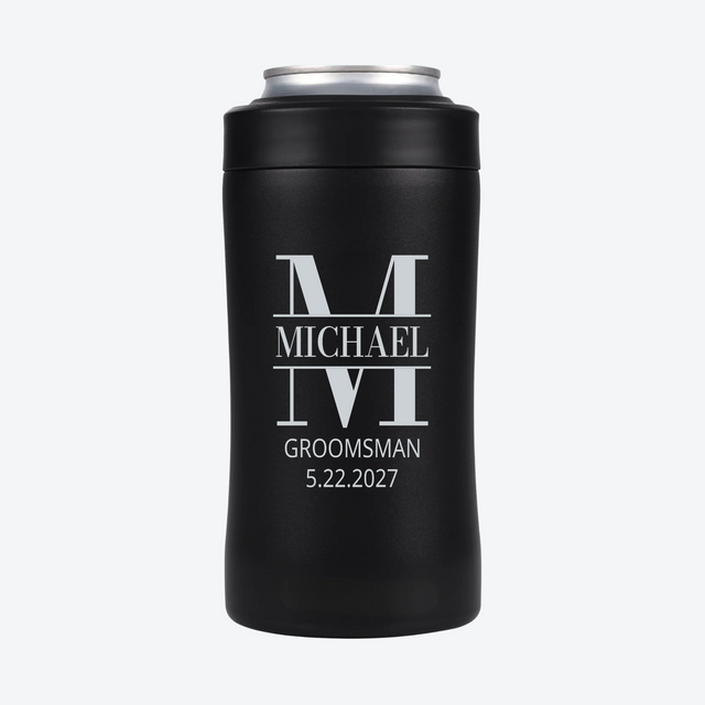 Split monogram personalized groomsmen can cooler with silver engraving