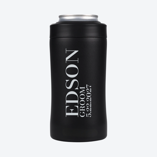 Digital mockup of a Black BRRWare 3-in-1 can cooler with silver vertical name engraving on the back: EDSON, Groom, 5.22.2027.