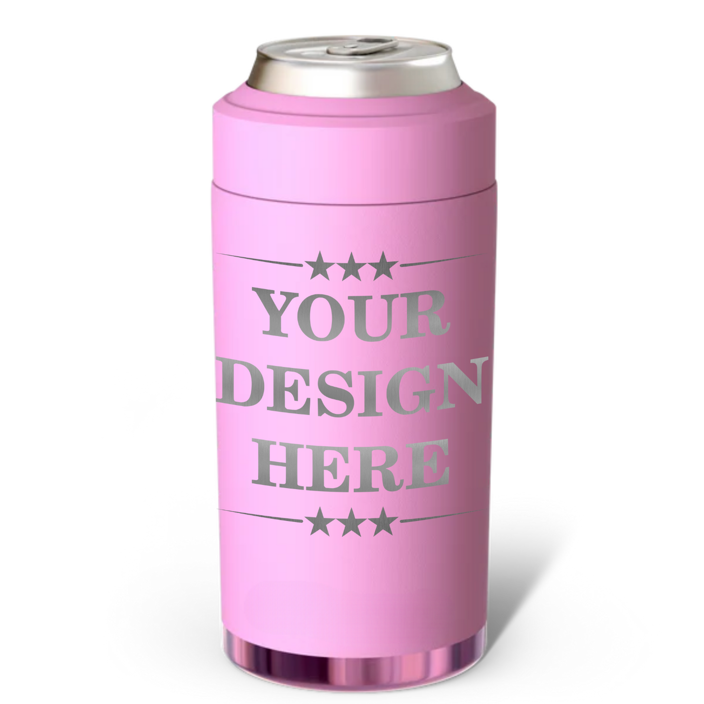Pink can cooler with 'Your Design Here' text on a white background
