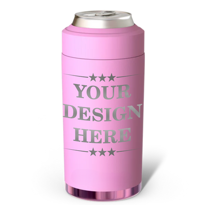 Pink can cooler with 'Your Design Here' text on a white background