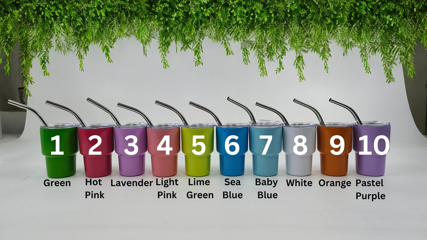 Mini tumbler color options: Green, Hot Pink, Lavender, Light Pink, Lime Green, Sea Blue, Baby Blue, White, Orange, Pastel Purple