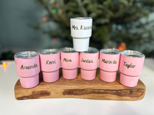 Custom engraved mini tumbler shot glasses for a bachelorette trip
