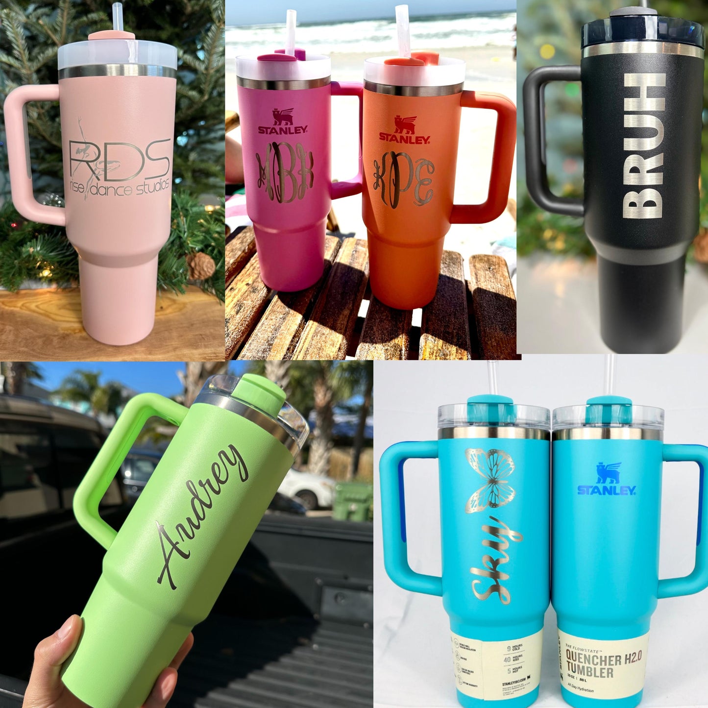 Jax Engravings examples of work. Custom dance studio logo on top left. Monogram example in middle. A Black 40 oz Stanley that has &quot;Bruh&quot; up the side. Bottom left is a Feather Green Stanley with &quot;Audrey&quot;. And Bottom Right is a Aqua Marine Stanley