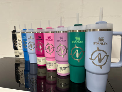 The same company logo engraved on Stanley Quenchers in eight different colors