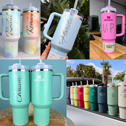 Collage of customized Stanley Quencher tumblers in various colors and designs. The images showcase engraved names and text in elegant script, including &#39;Rachel,&#39; &#39;Kenley,&#39; &#39;Florida,&#39; &#39;VIP,&#39; and &#39;Christal.&#39; The tumblers feature a variety of colors such as pastel watercolor, light blue, pink, mint green, and a lineup of multiple shades. Displayed in different settings, including outdoor and indoor environments, these tumblers highlight personalization option