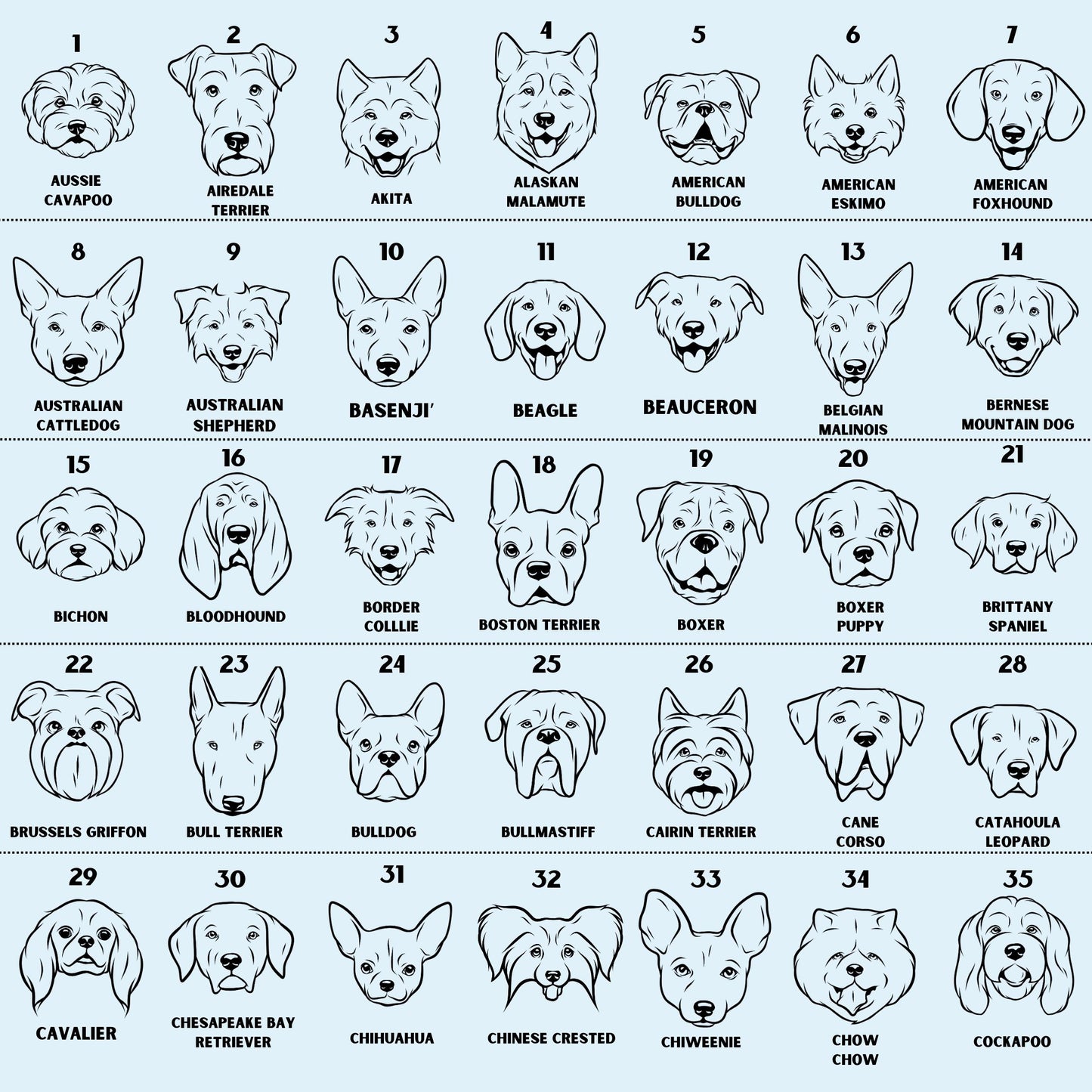 Dog breed chart 1 of 4 — numbered black-and-white breed illustrations