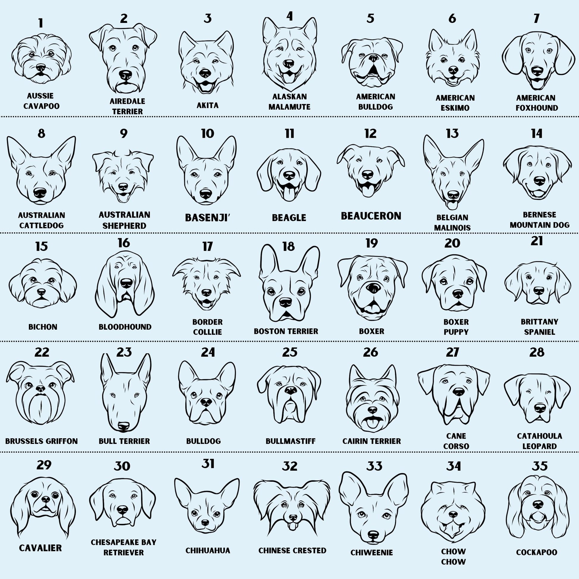 Dog breed chart 1 of 4 — numbered black-and-white breed illustrations