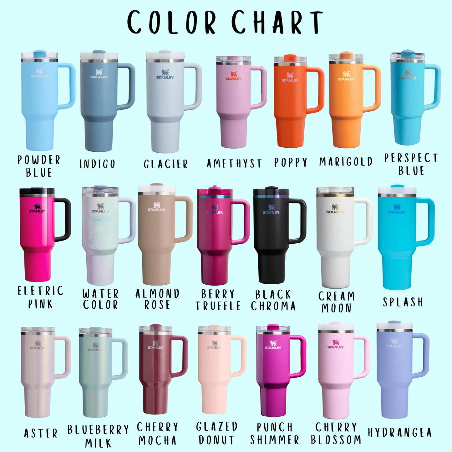 Stanley tumbler color chart featuring 20 different colors of Stanley Quencher cups. The tumblers are displayed against a light blue background, each with a sturdy handle, stainless steel rim, and straw. Colors include Powder Blue, Indigo, Glacier, Amethyst, Poppy, Marigold, Perspective Blue, Electric Pink, Water Color, Almond Rose, Berry Truffle, Black Chroma, Cream Moon, Splash, Aster, Blueberry Milk, Cherry Mocha, Glazed Donut, Punch Shimmer, Cherry Blossom, and Hydrangea.