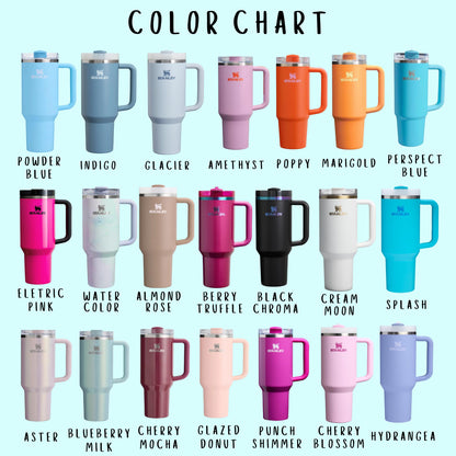 Stanley tumbler color chart featuring 20 different colors of Stanley Quencher cups. The tumblers are displayed against a light blue background, each with a sturdy handle, stainless steel rim, and straw. Colors include Powder Blue, Indigo, Glacier, Amethyst, Poppy, Marigold, Perspective Blue, Electric Pink, Water Color, Almond Rose, Berry Truffle, Black Chroma, Cream Moon, Splash, Aster, Blueberry Milk, Cherry Mocha, Glazed Donut, Punch Shimmer, Cherry Blossom, and Hydrangea.