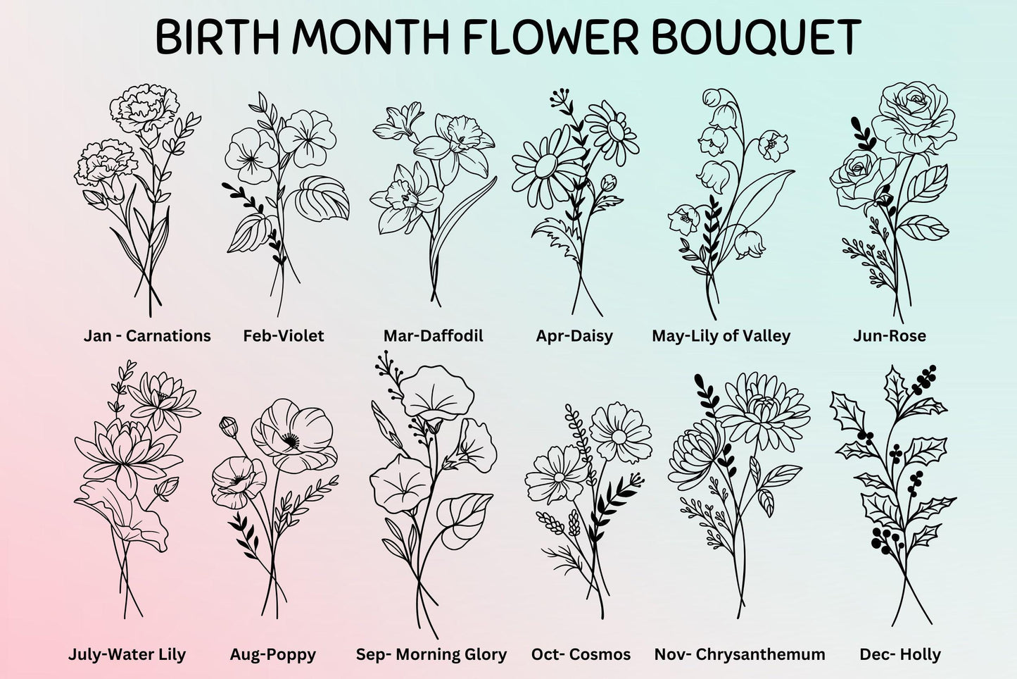 Birth month flower chart: January carnation, February violet, March daffodil, April daisy, May lily of the valley, June rose, July water lily, August poppy, September morning glory, October cosmos, November chrysanthemum, December holly
