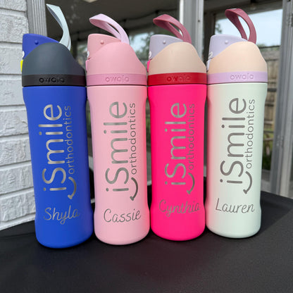 Orthodontics practice logo and staff names engraved on Owala FreeSip bottles in four colors