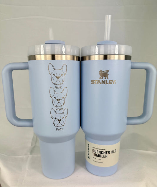 Custom pet Stanley with three dog illustrations engraved vertically
