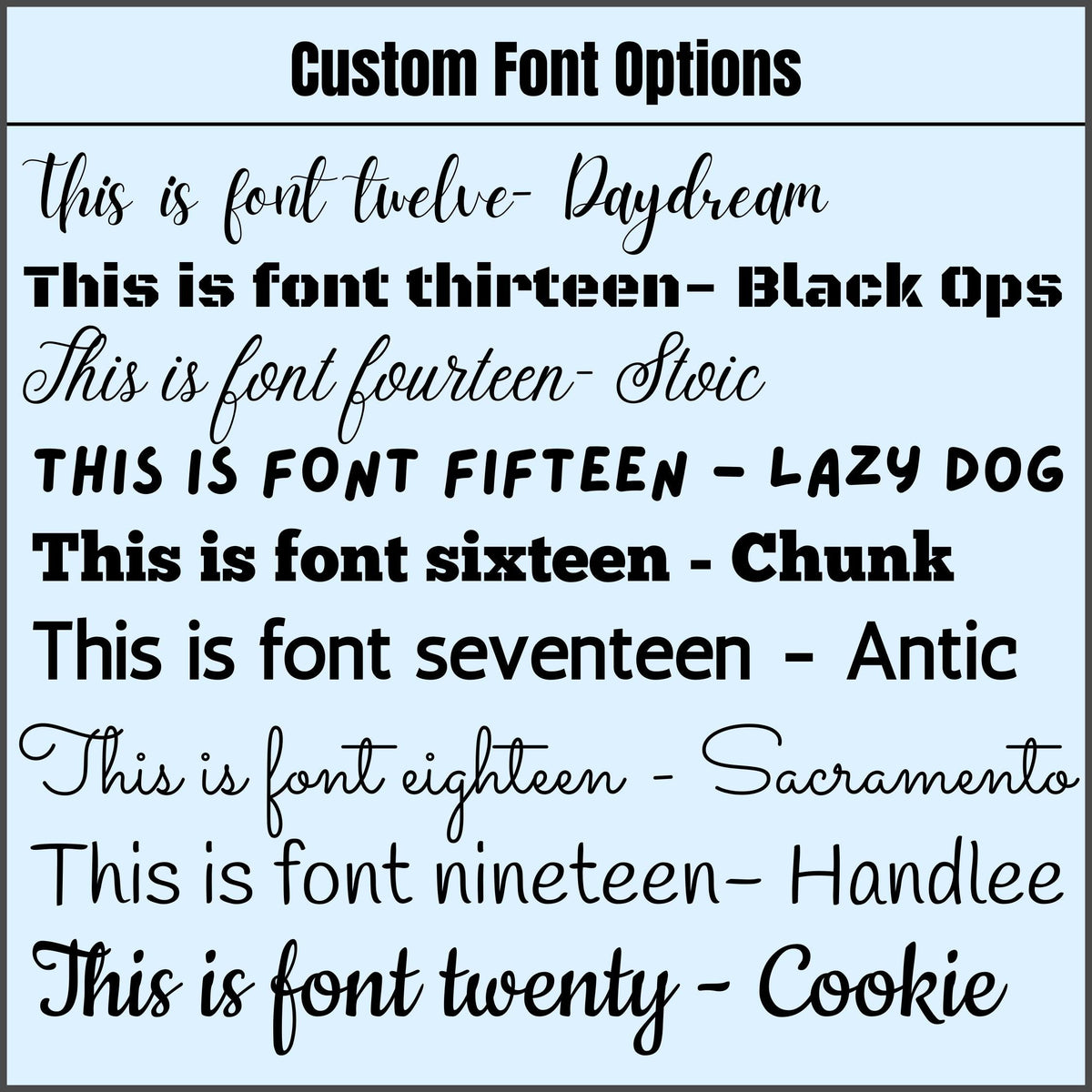 Engraving font chart, fonts 12–20