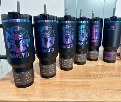 Fire department logo engraved on black and iridescent Stanley Quenchers