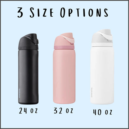 Owala FreeSip size comparison: 24 oz, 32 oz, and 40 oz bottles in black, rose quartz, and white