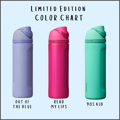 Limited edition Owala colors: Out of the Blue, Read My Lips, and 90's Kid