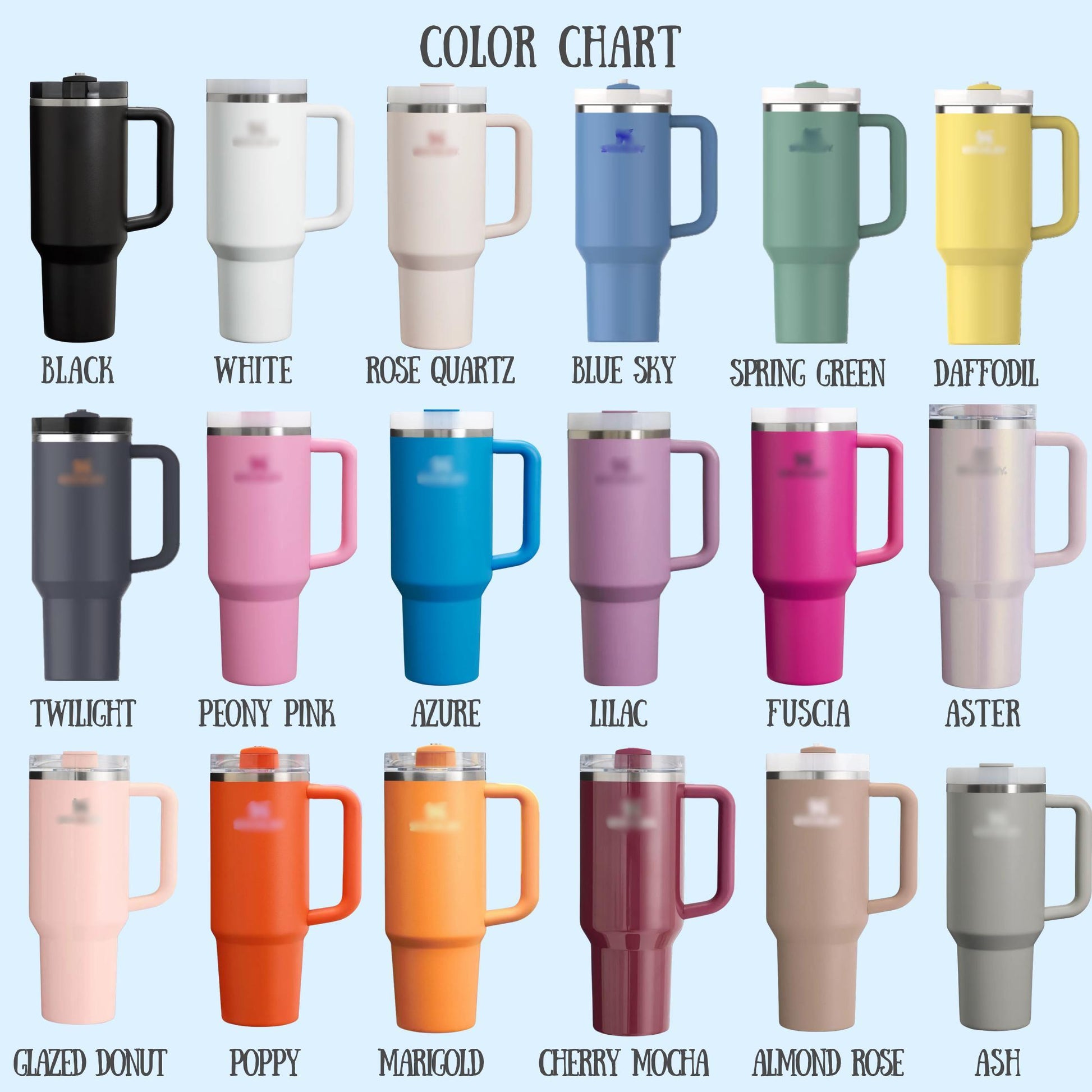 Stanley color chart: Black, White, Rose Quartz, Blue Sky, Spring Green, Daffodil, Twilight, Peony Pink, Azure, Lilac, Fuscia and more