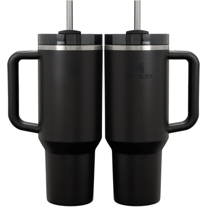 Stanley 40 oz Black tumbler, front and back views