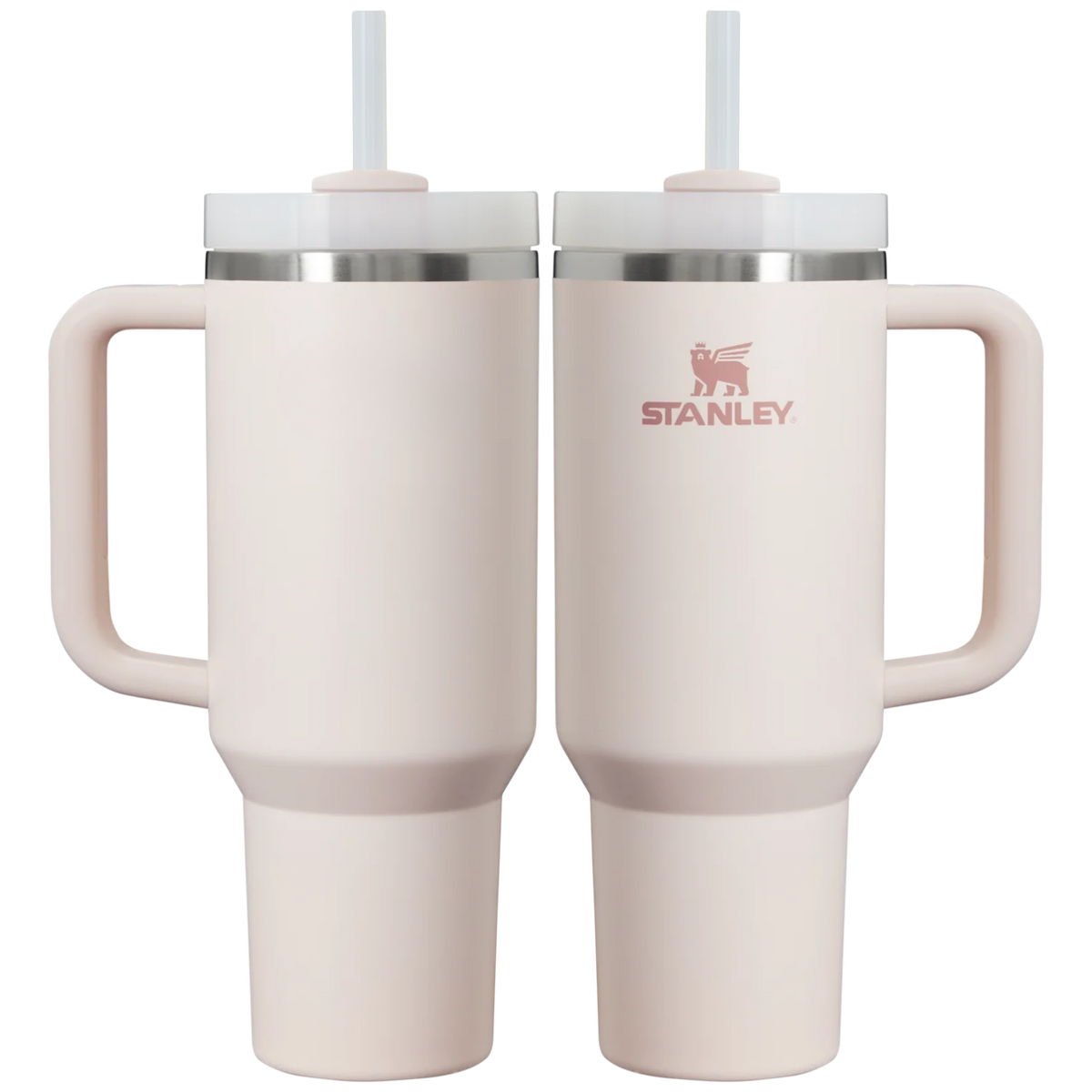 Stanley 40 oz Rose Quartz tumbler, front and back views