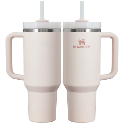 Stanley 40 oz Rose Quartz tumbler, front and back views