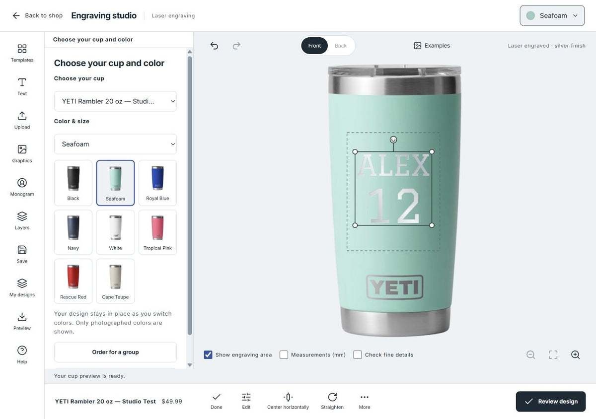 Jax Engraving Studio showing the cup color choices beside a seafoam cup with an ALEX 12 design