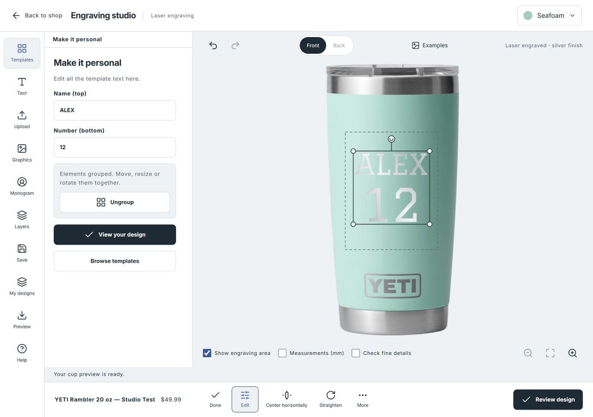Editing the Name and Number fields of a grouped varsity template on a seafoam cup