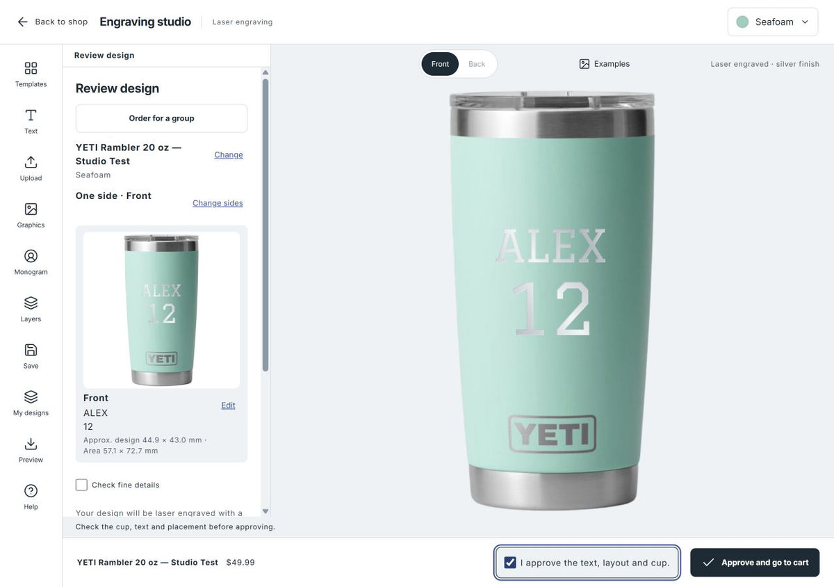 Reviewing the ALEX 12 design on a seafoam cup with the approval checkbox beside the cart action