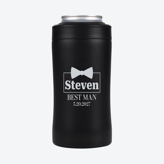 Digital mockup of a Black BRRWare 3-in-1 can cooler with silver bow tie name badge engraving on the back: Steven, Best Man, 5.20.2027.