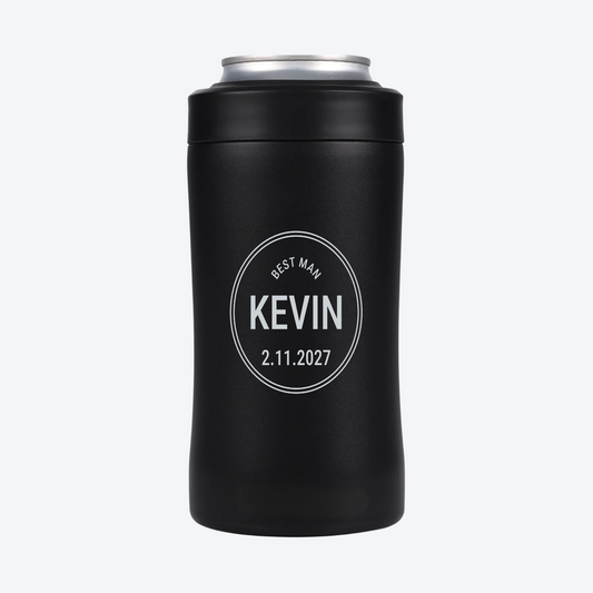 Digital mockup of a Black BRRWare 3-in-1 can cooler with silver circle badge engraving on the back: KEVIN, Best Man, 2.11.2027.