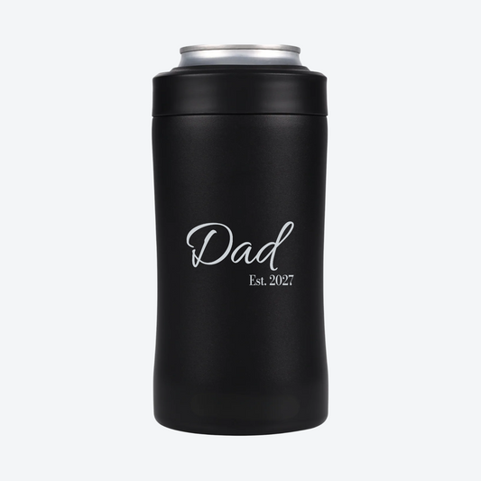 Digital mockup of a Black BRRWare 3-in-1 can cooler with silver dad established engraving on the back: Dad, 2027.