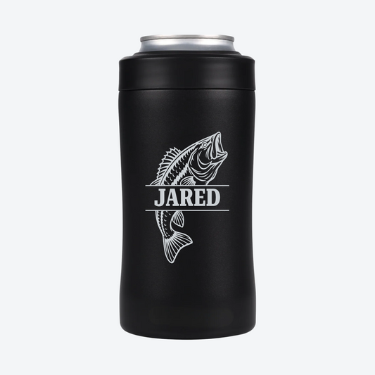 Digital mockup of a Black BRRWare 3-in-1 can cooler with silver fishing name badge engraving on the back: JARED.